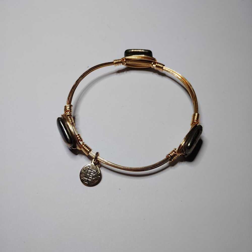 Bourbon and Bowties Hematite Wire Bangle Bracelet Gold Tone Signed 2.5"